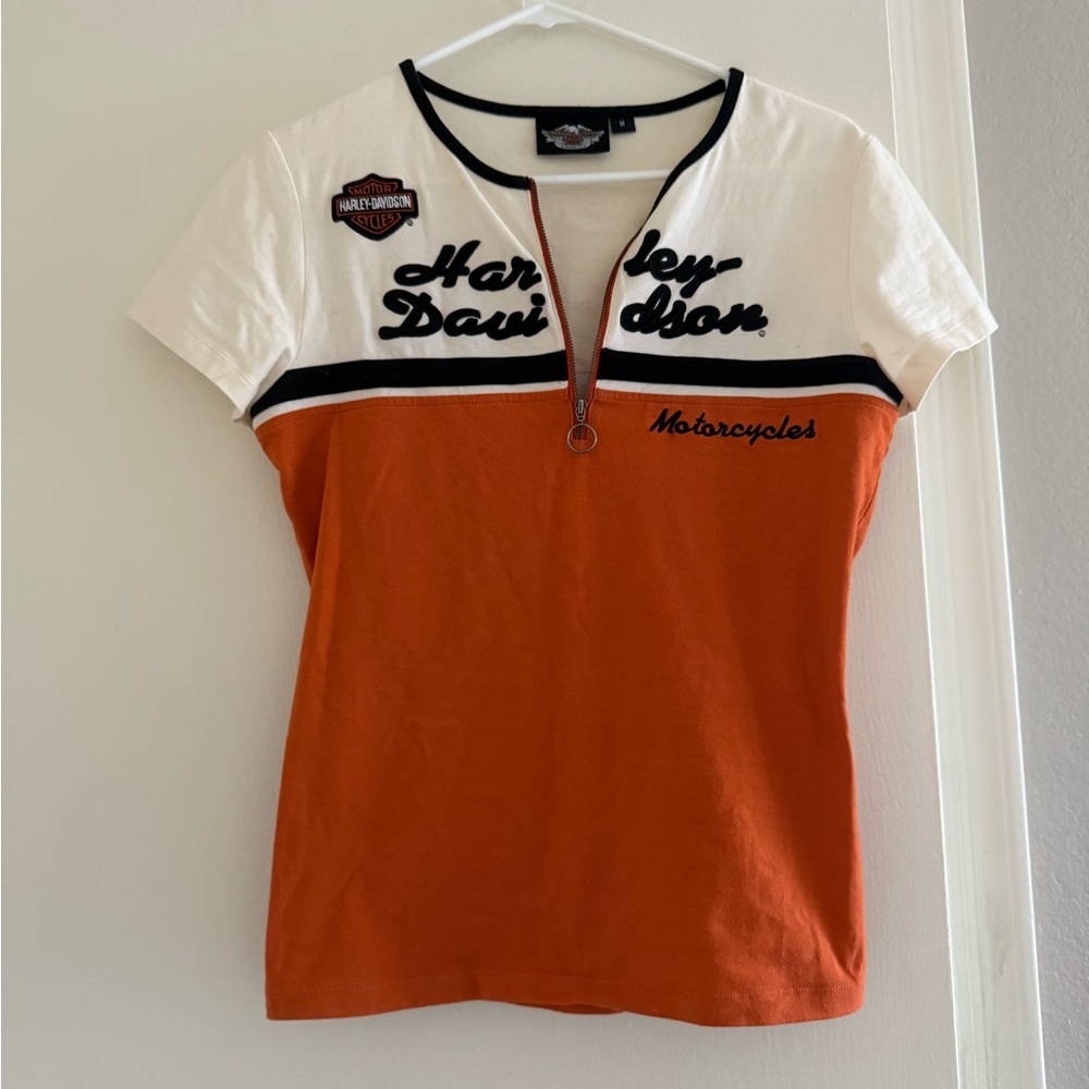 Harley Davidson orange tshirt with quarter zip